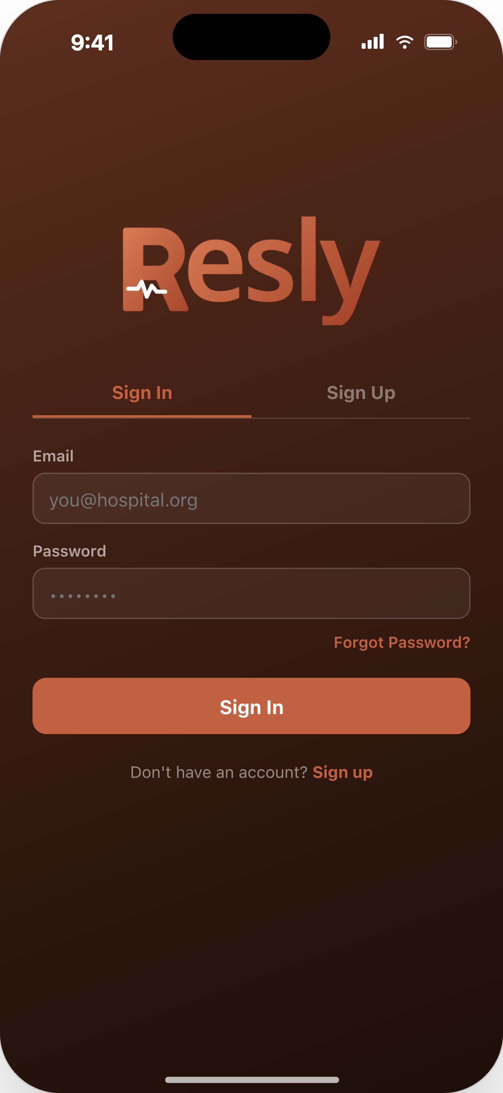 Resly sign in screen